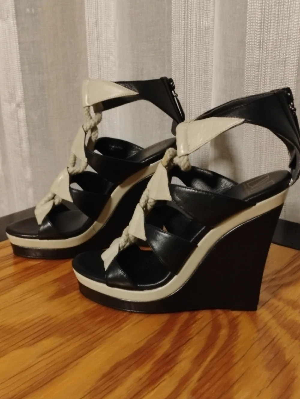 Diane Von Furstenberg Black and Cream Braided Wedge Sandals